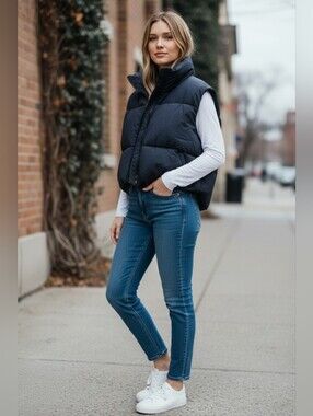 SACRE' size M Black Cropped High Neck Puffer Vest